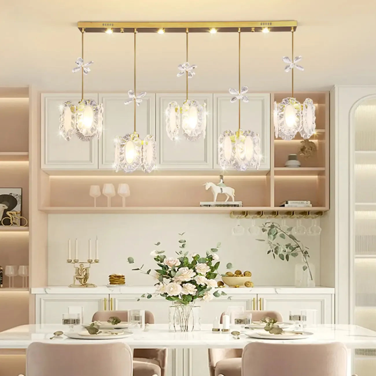 Modern Gold Steel Glass Shape Crystal Pendant Light for kitchen