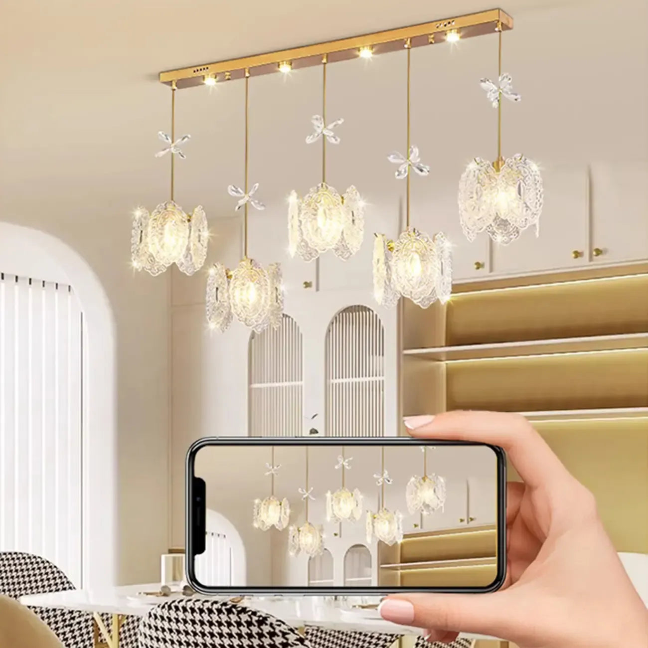 Modern Gold Steel Glass Shape Crystal Pendant Light for kitchen