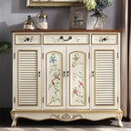 Traditional Beige Wooden Floral Shoe Cabinet with Drawers