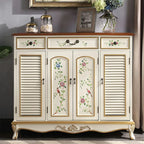 Traditional Beige Wooden Floral Shoe Cabinet with Drawers
