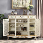 Traditional Beige Wooden Floral Shoe Cabinet with Drawers