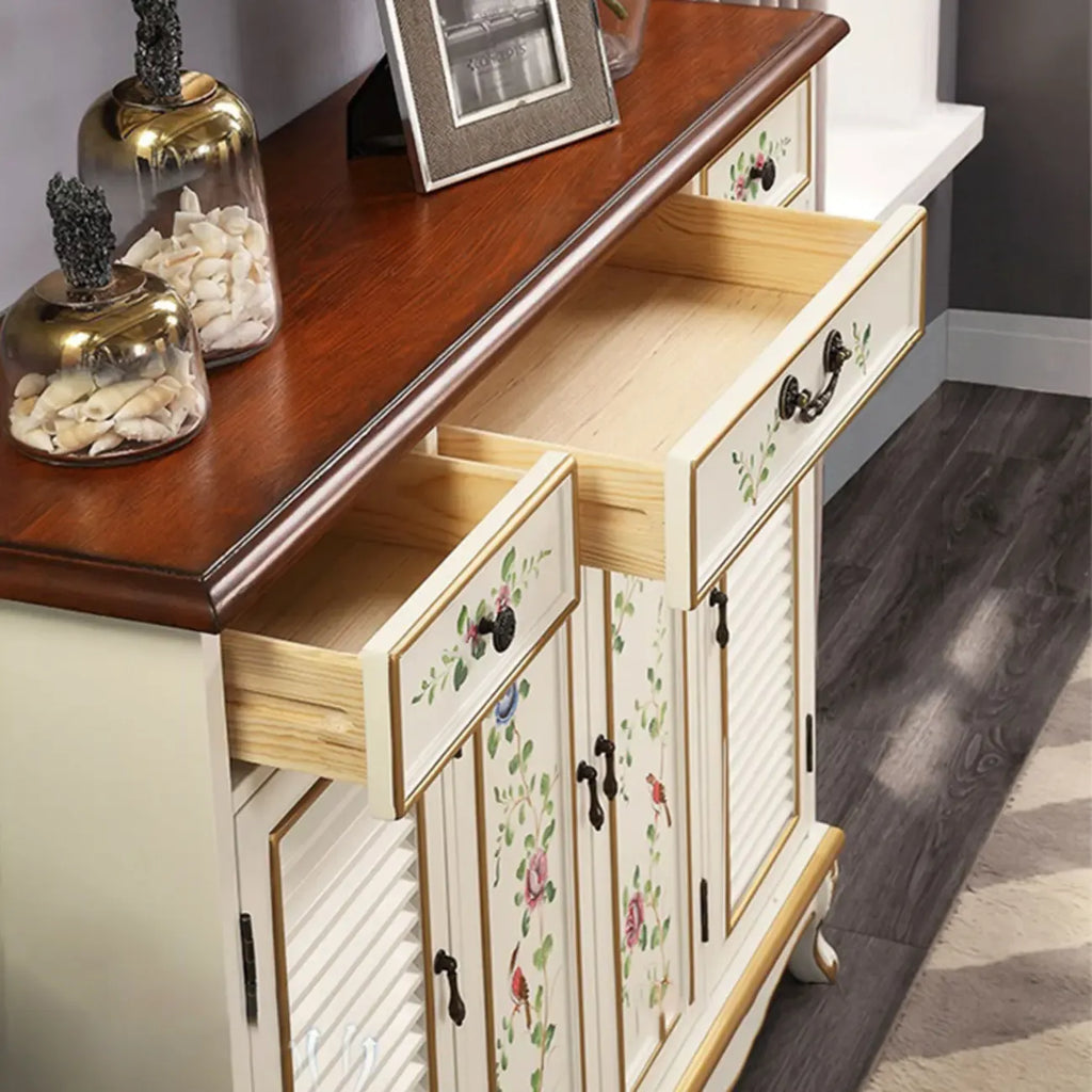 Traditional Beige Wooden Floral Shoe Cabinet with Drawers