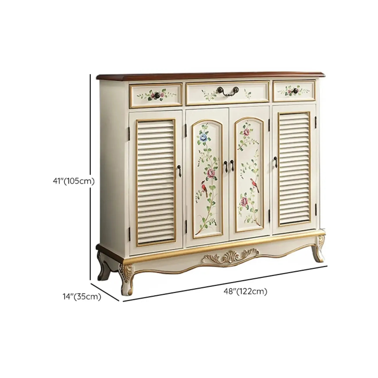 Traditional Beige Wooden Floral Shoe Cabinet with Drawers