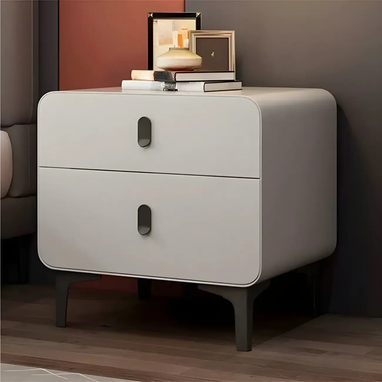 Freestanding Leather Arched Edge White Nightstand with Drawers
