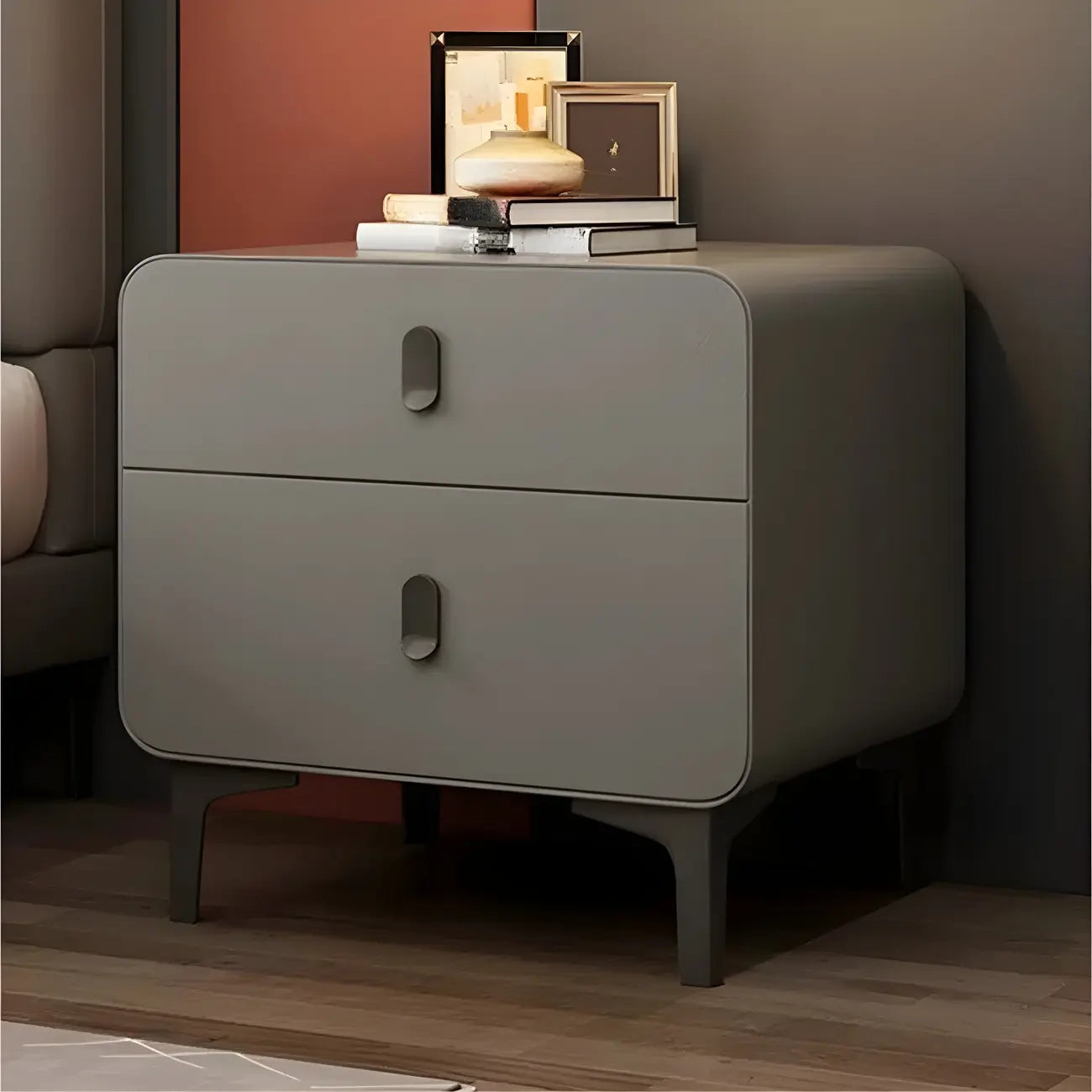Freestanding Leather Arched Edge White Nightstand with Drawers