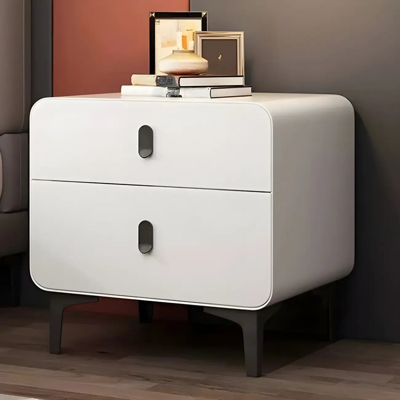 Freestanding Leather Arched Edge White Nightstand with Drawers