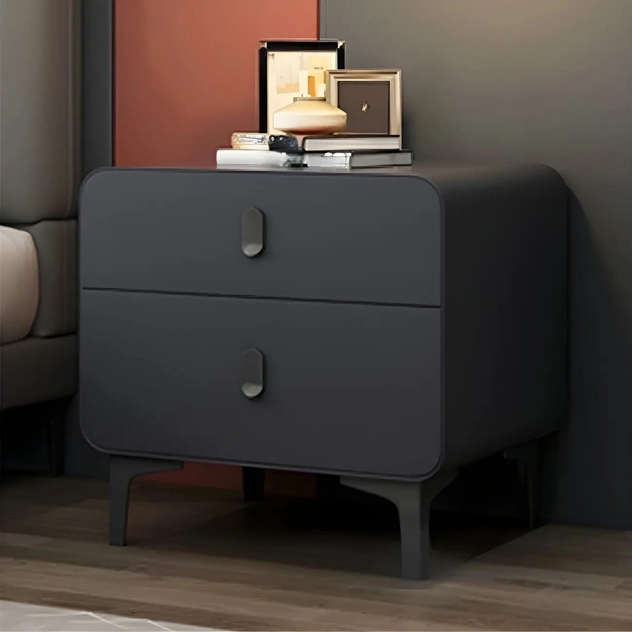 Freestanding Leather Arched Edge White Nightstand with Drawers