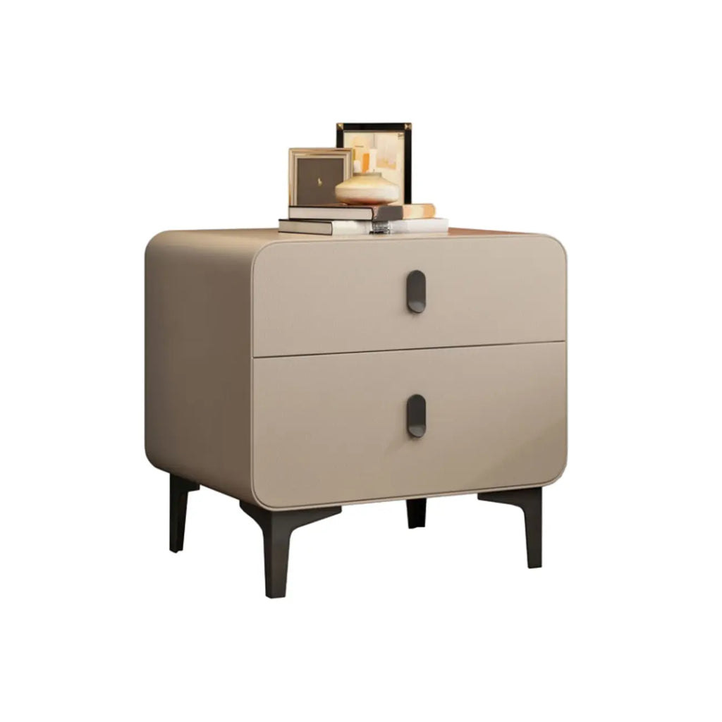 Freestanding Leather Arched Edge White Nightstand with Drawers