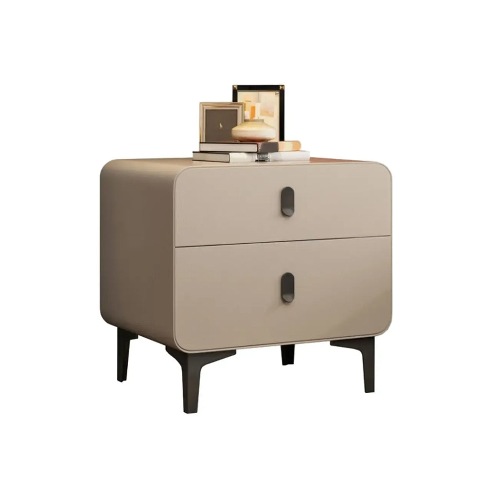 Freestanding Leather Arched Edge White Nightstand with Drawers
