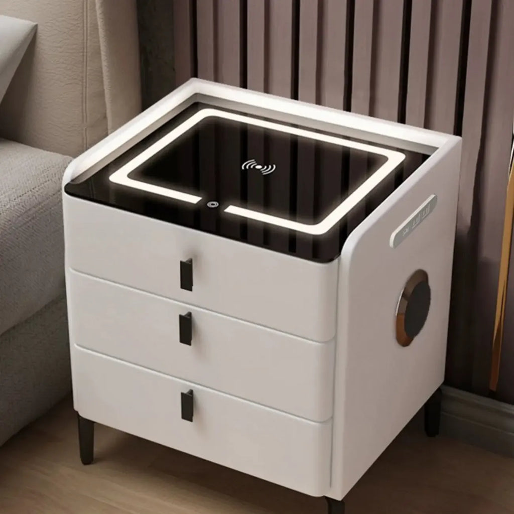 Narrow 3-Drawers Glass Top Wooden Nightstand with Light