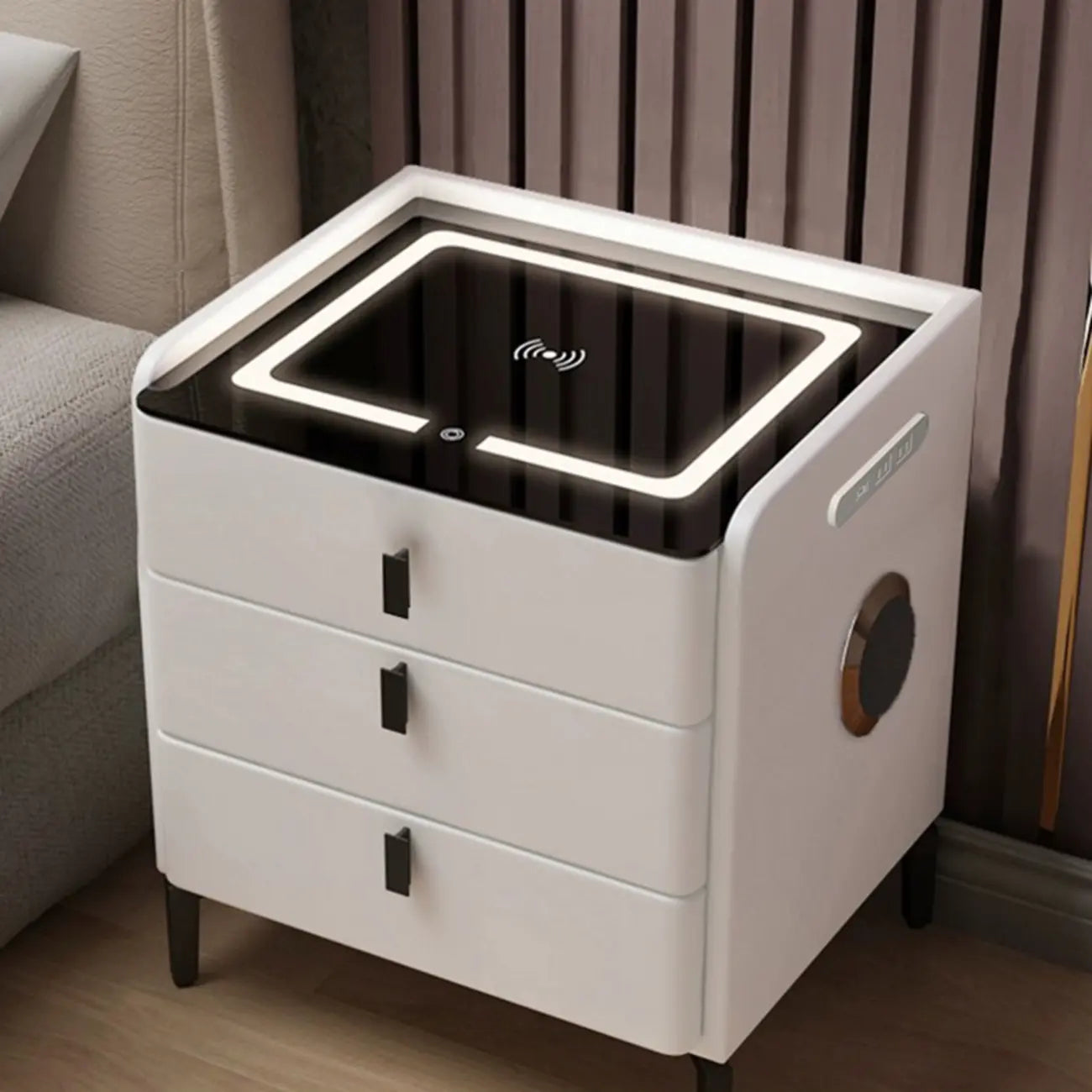 Narrow 3-Drawers Glass Top Wooden Nightstand with Light