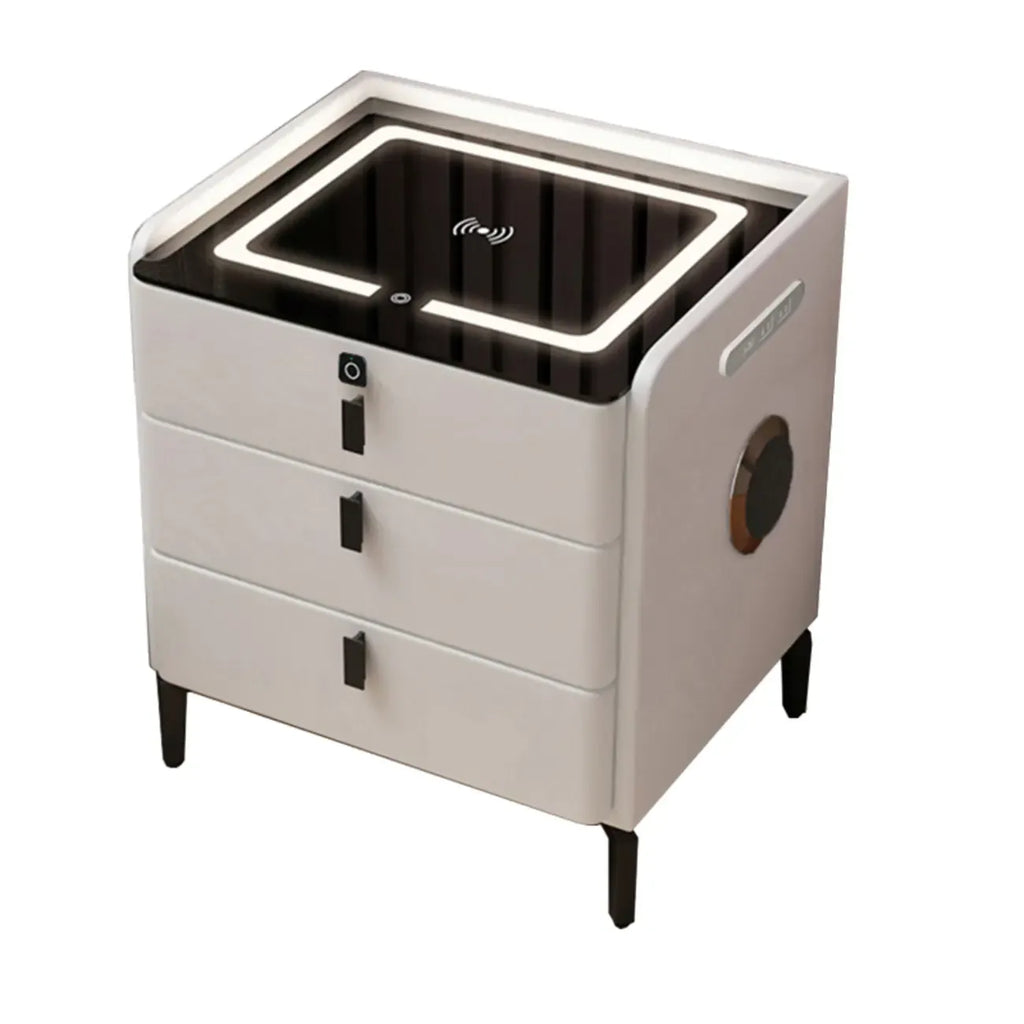 Narrow 3-Drawers Glass Top Wooden Nightstand with Light