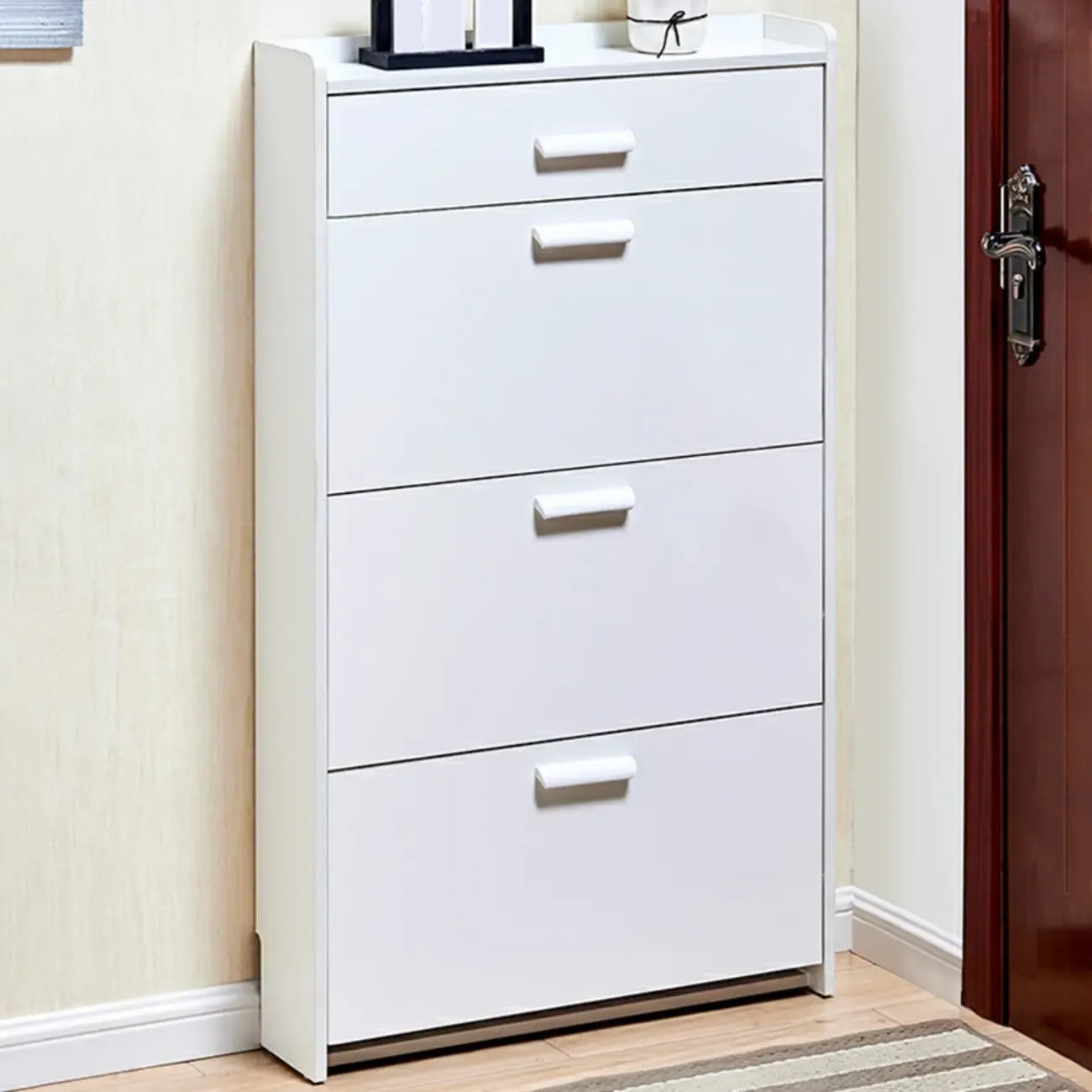 Narrow Wall-Mounted White Shoe Cabinet with Drawers
