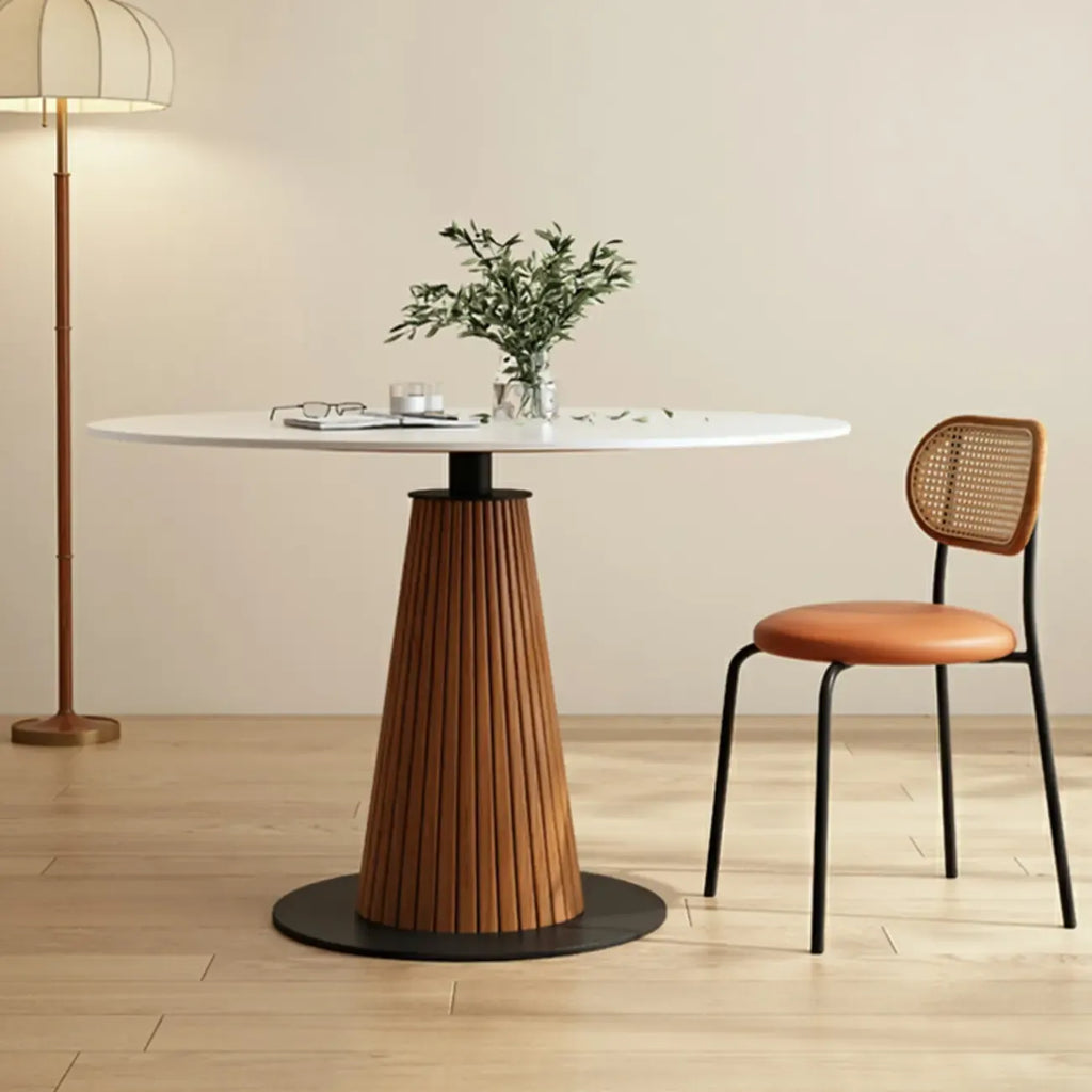 Scandinavian White Stone Brown Wood Round Dining Table