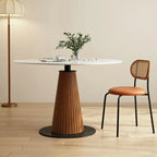 Scandinavian White Stone Brown Wood Round Dining Table
