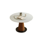 Scandinavian White Stone Brown Wood Round Dining Table