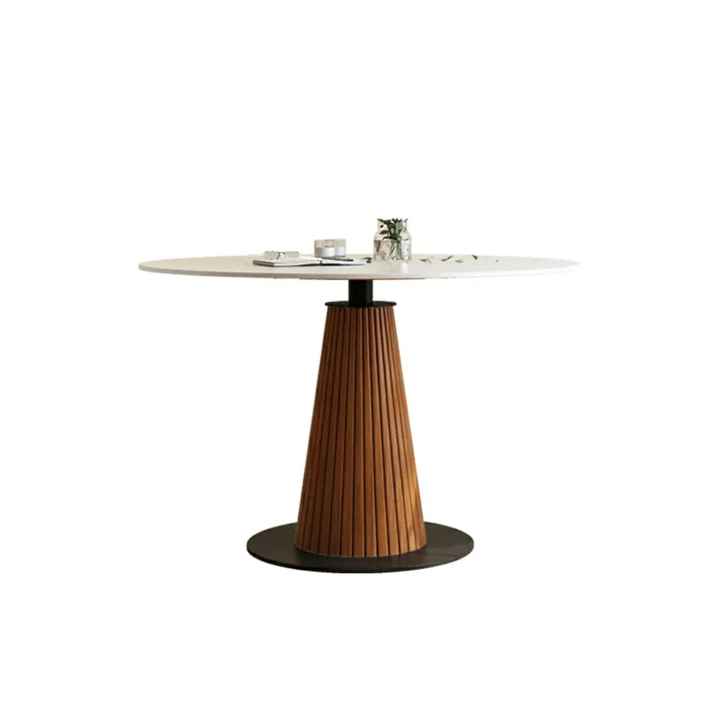 Scandinavian White Stone Brown Wood Round Dining Table