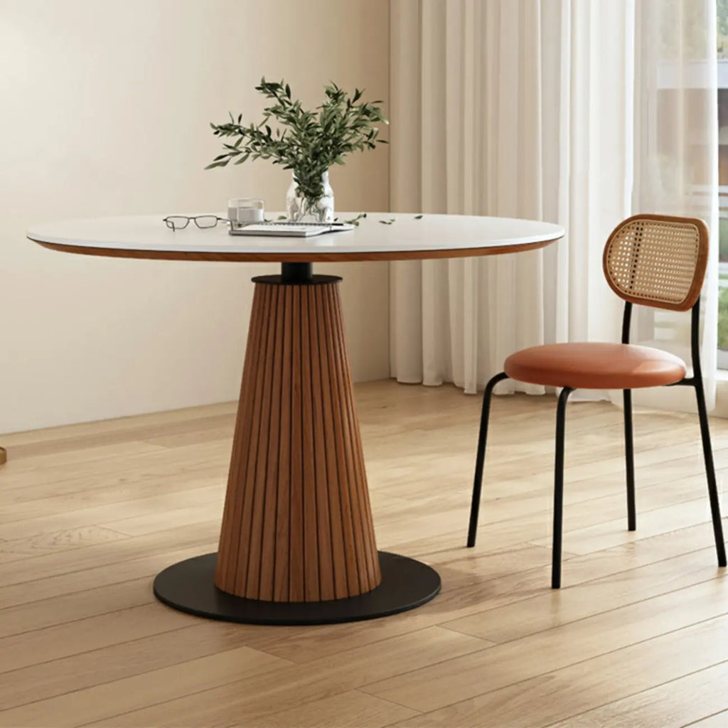 Scandinavian White Stone Brown Wood Round Dining Table