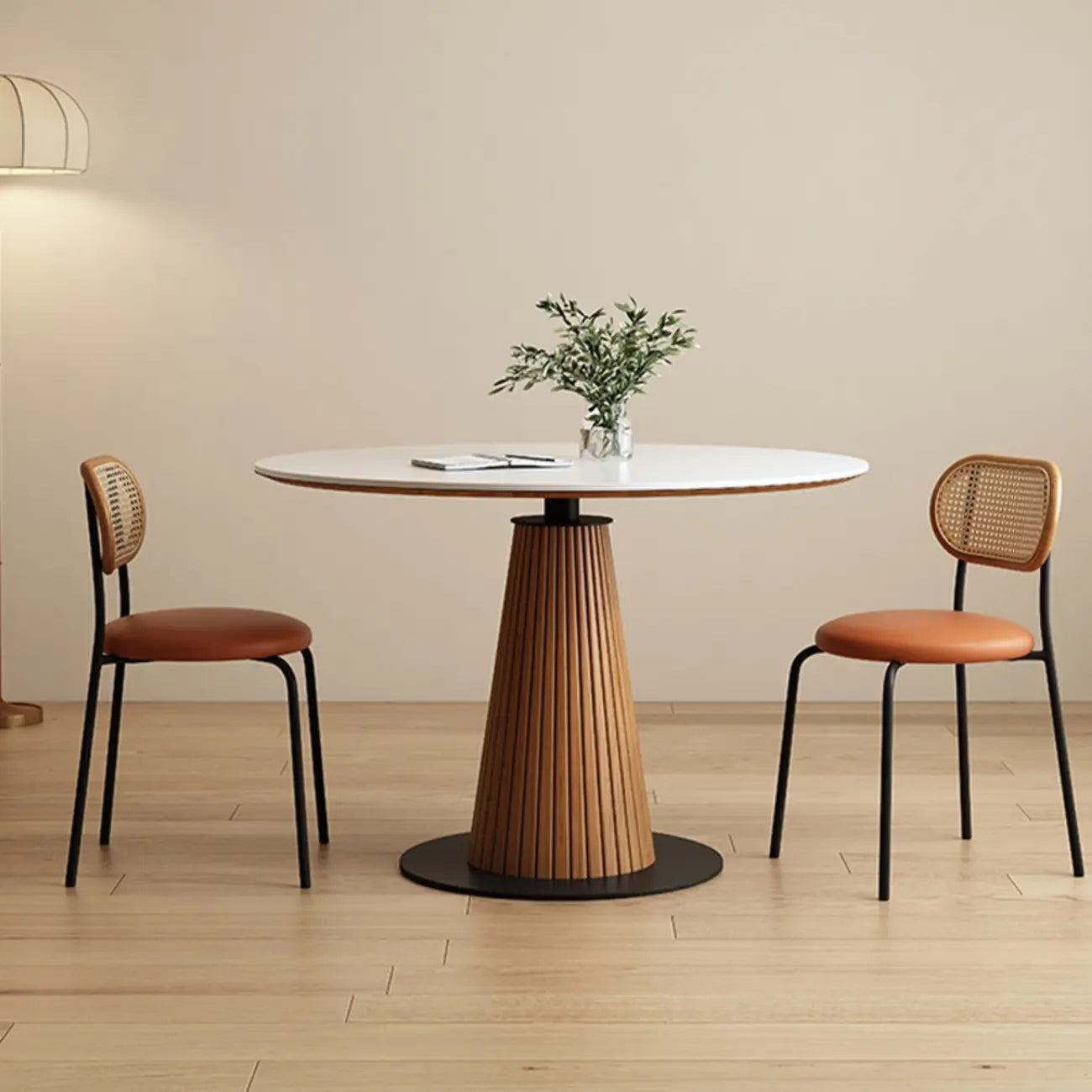 Scandinavian White Stone Brown Wood Round Dining Table