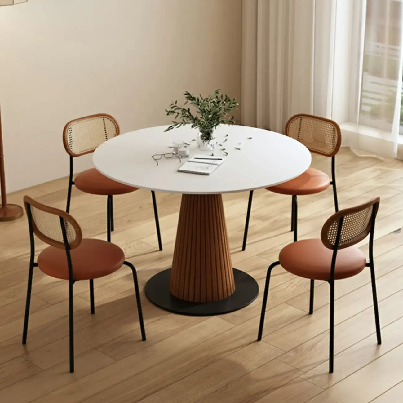 Scandinavian White Stone Brown Wood Round Dining Table