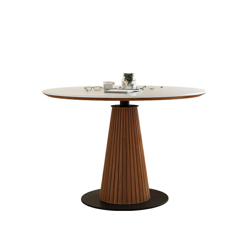 Scandinavian White Stone Brown Wood Round Dining Table