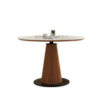 Scandinavian White Stone Brown Wood Round Dining Table