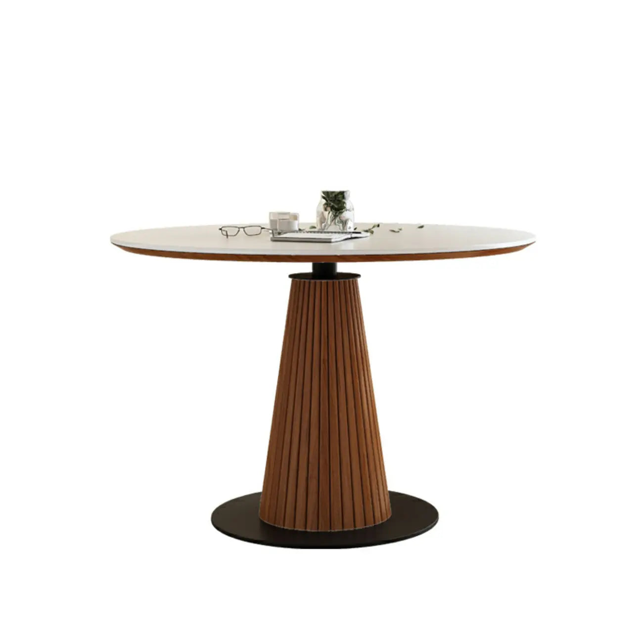 Scandinavian White Stone Brown Wood Round Dining Table