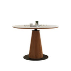 Scandinavian White Stone Brown Wood Round Dining Table