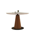 Scandinavian White Stone Brown Wood Round Dining Table