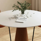 Scandinavian White Stone Brown Wood Round Dining Table