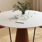 Scandinavian White Stone Brown Wood Round Dining Table