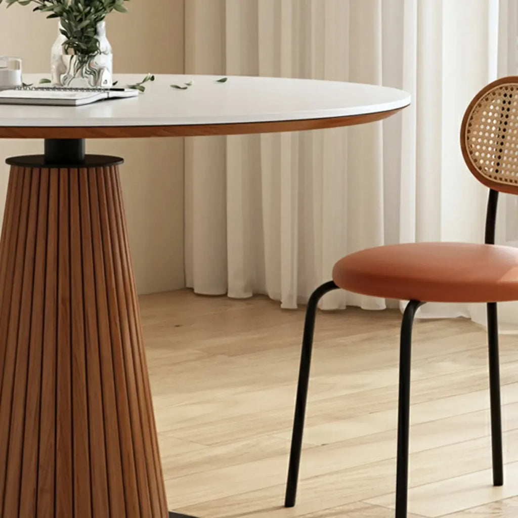 Scandinavian White Stone Brown Wood Round Dining Table