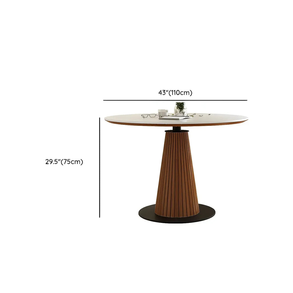 Scandinavian White Stone Brown Wood Round Dining Table