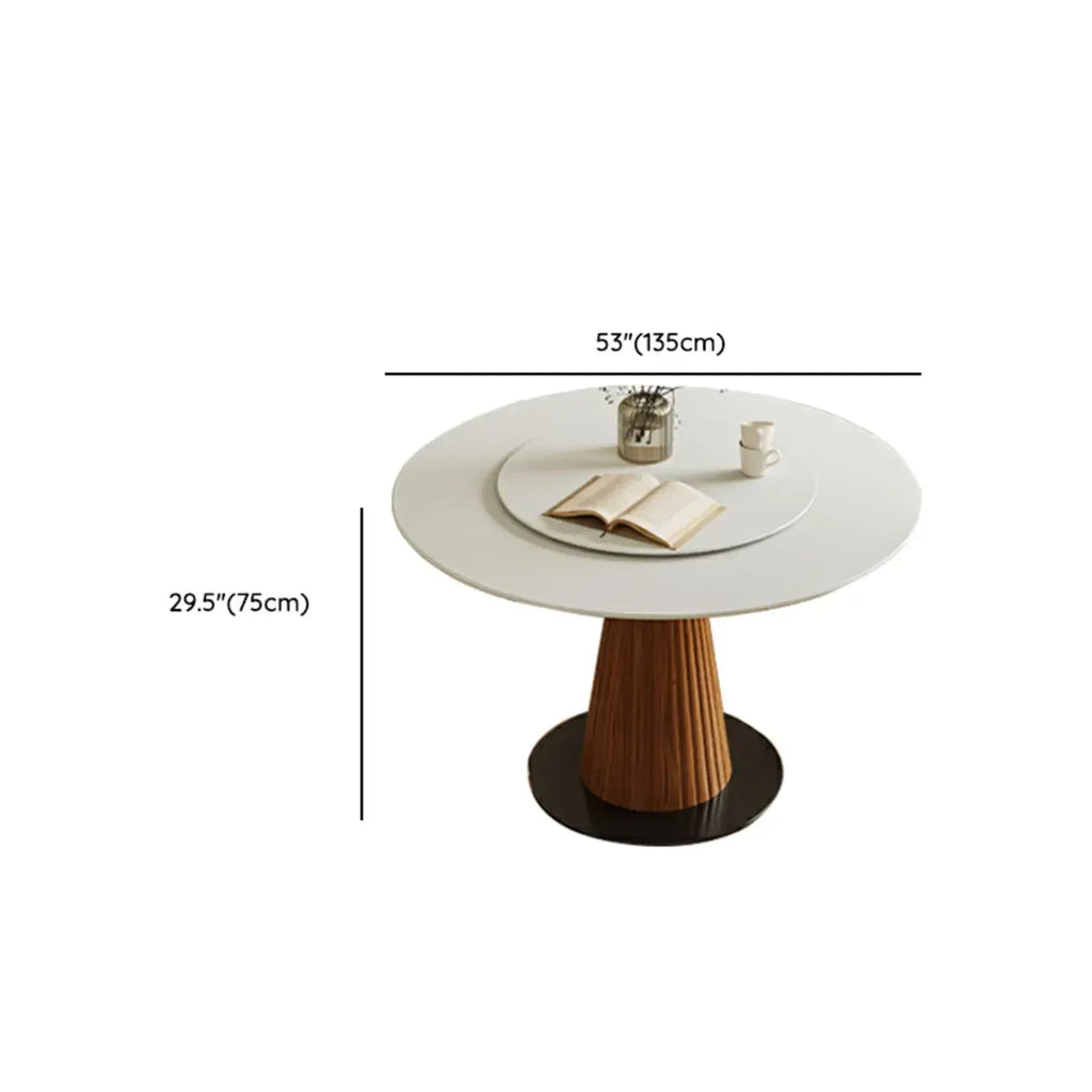 Scandinavian White Stone Brown Wood Round Dining Table