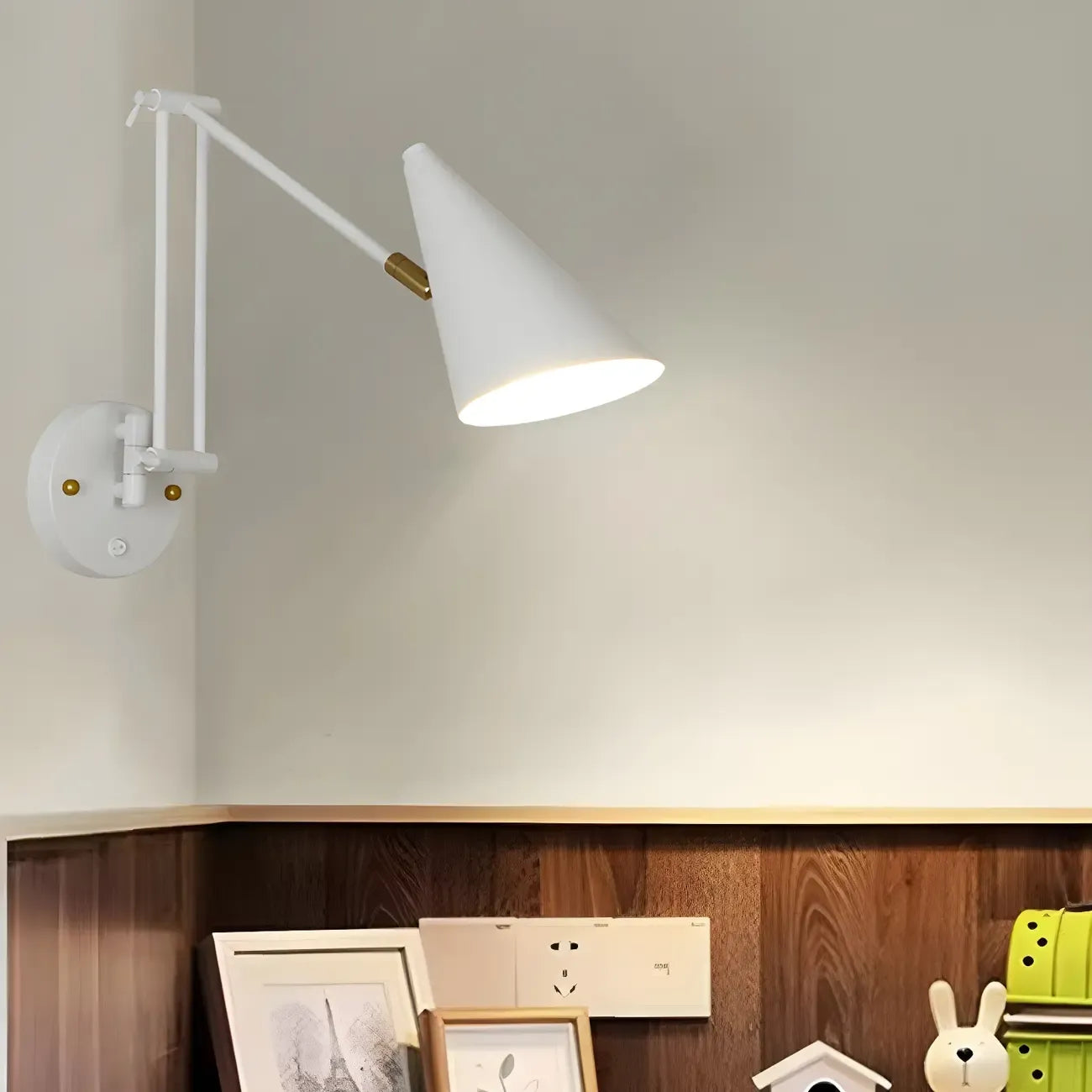 Minimalist White Swing Arm Wall Light for Bedside Reading