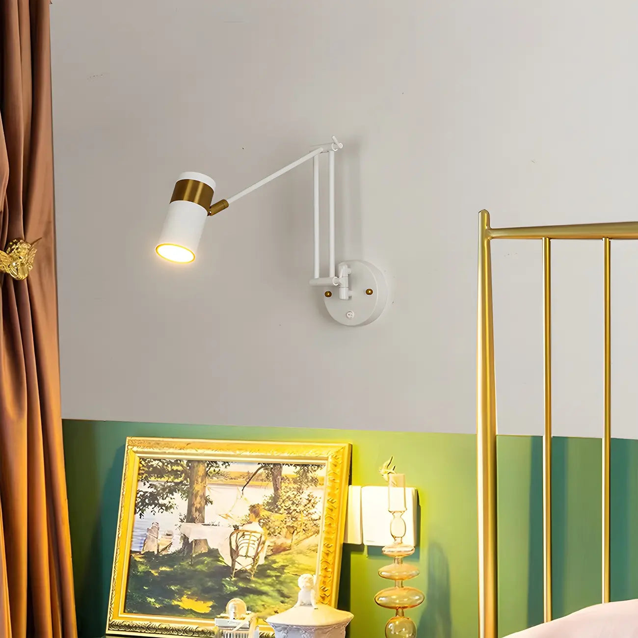 Minimalist White Swing Arm Wall Light for Bedside Reading