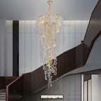Elegant Gold Crystal Downfall Cascading Stairwell Chandelier
