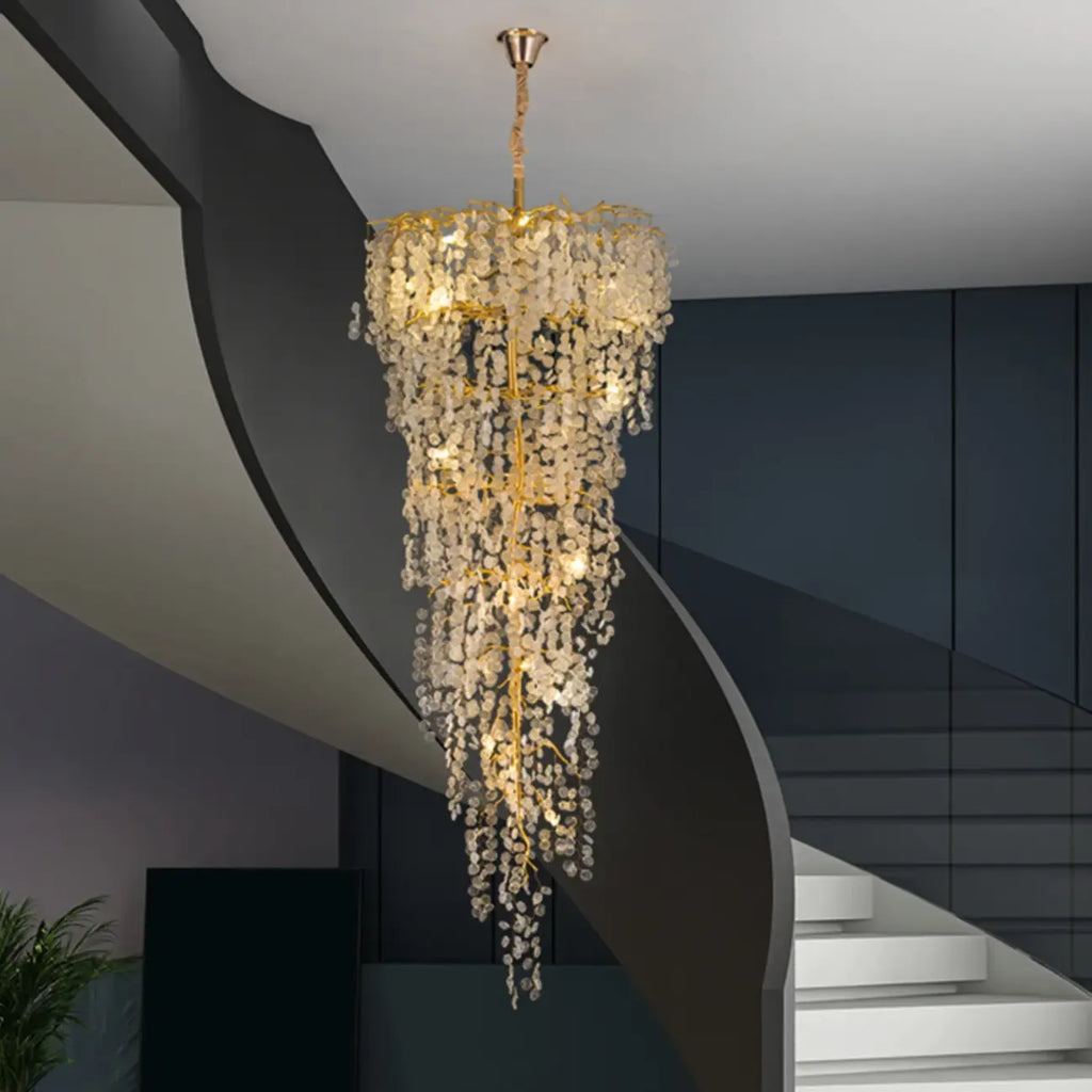 Elegant Gold Crystal Downfall Cascading Stairwell Chandelier