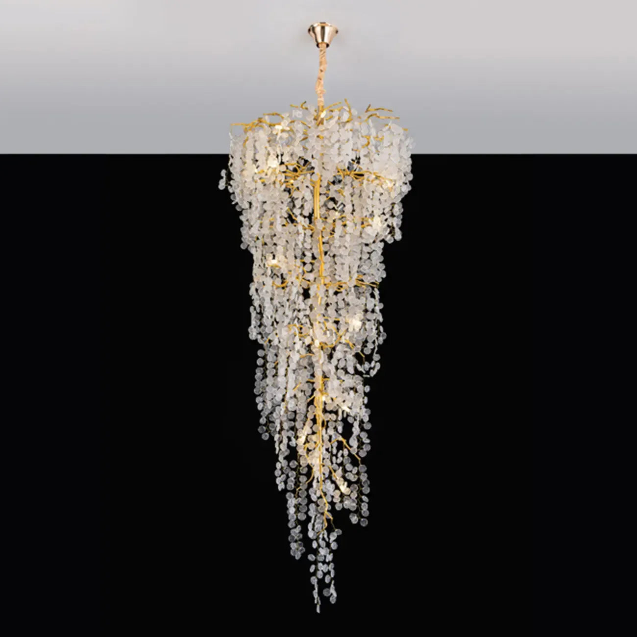 Elegant Gold Crystal Downfall Cascading Stairwell Chandelier