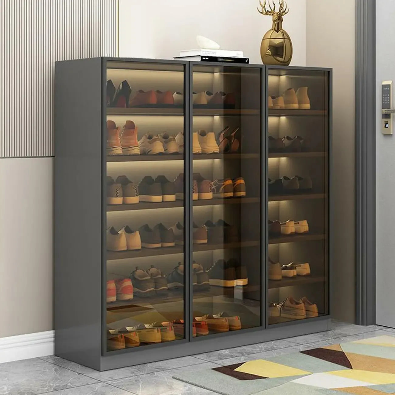 Glam Grey/White Shoe Cabinet with Glass Doors