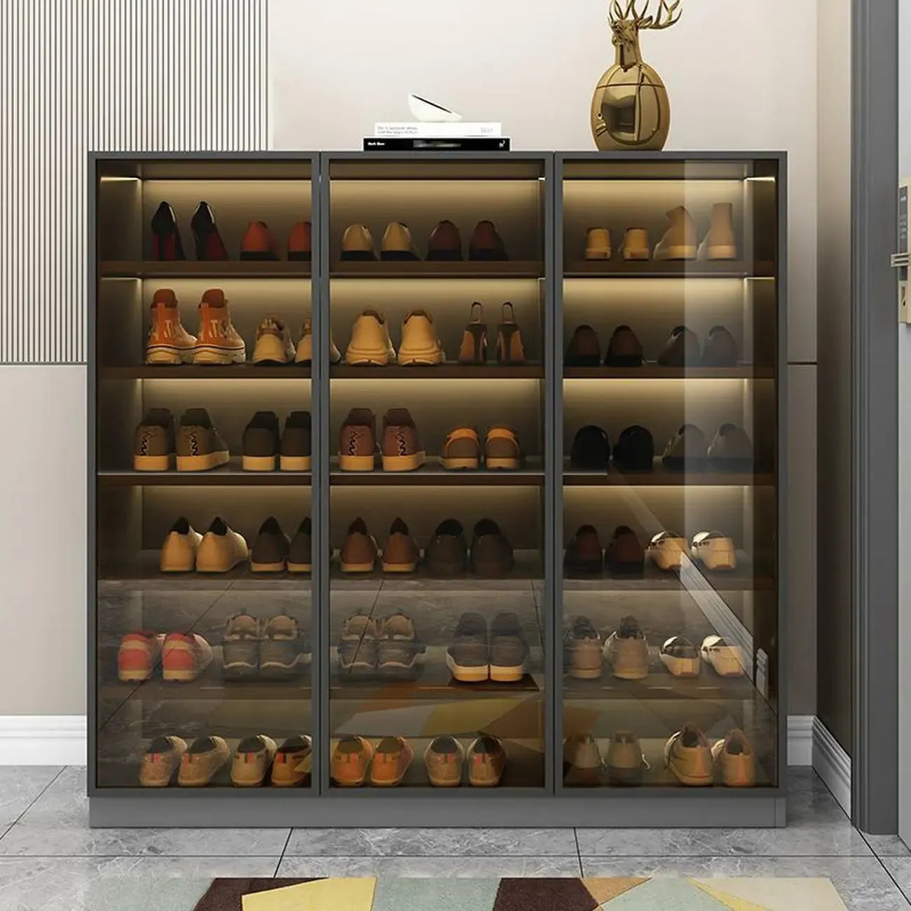 Glam Grey/White Shoe Cabinet with Glass Doors