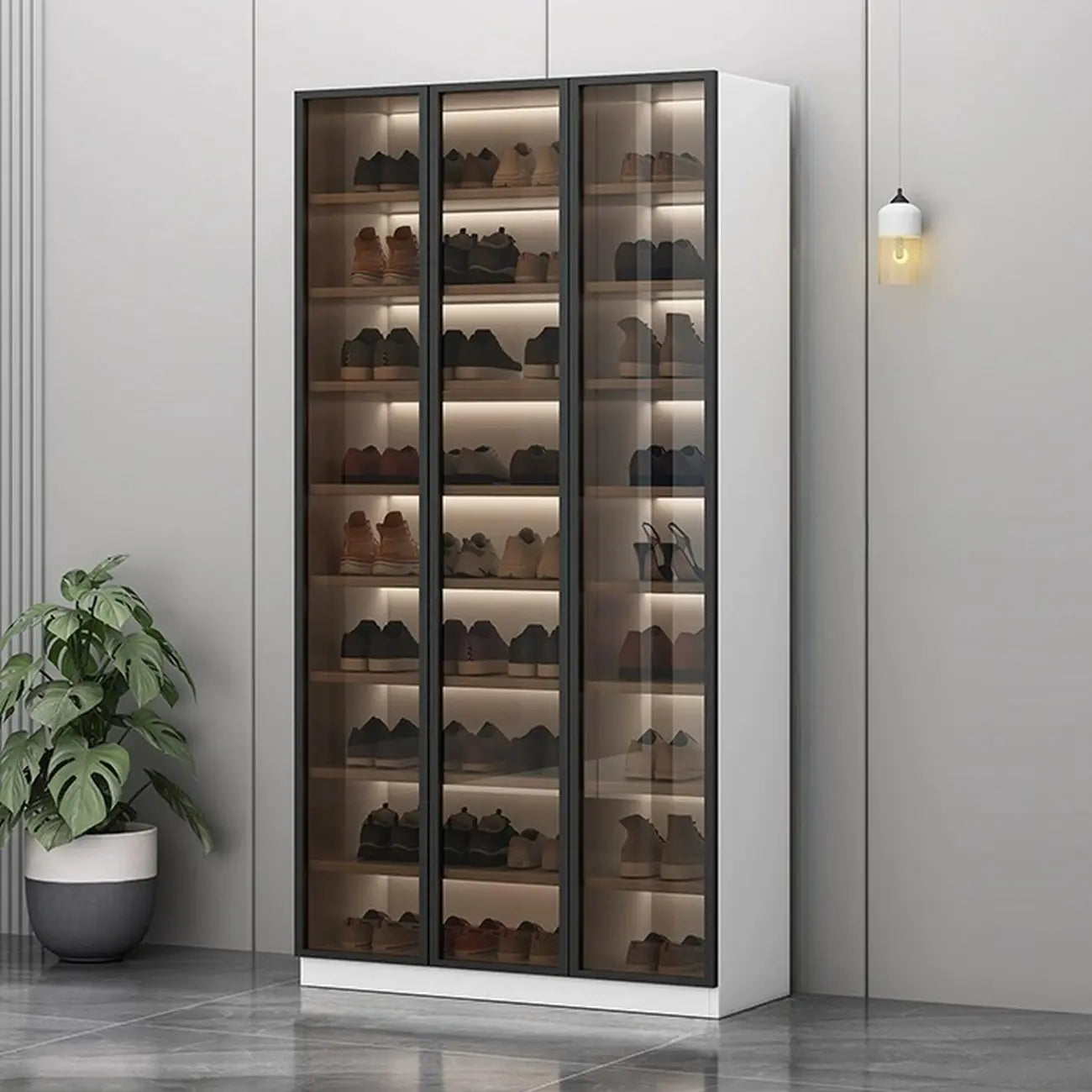 Glam Grey/White Shoe Cabinet with Glass Doors