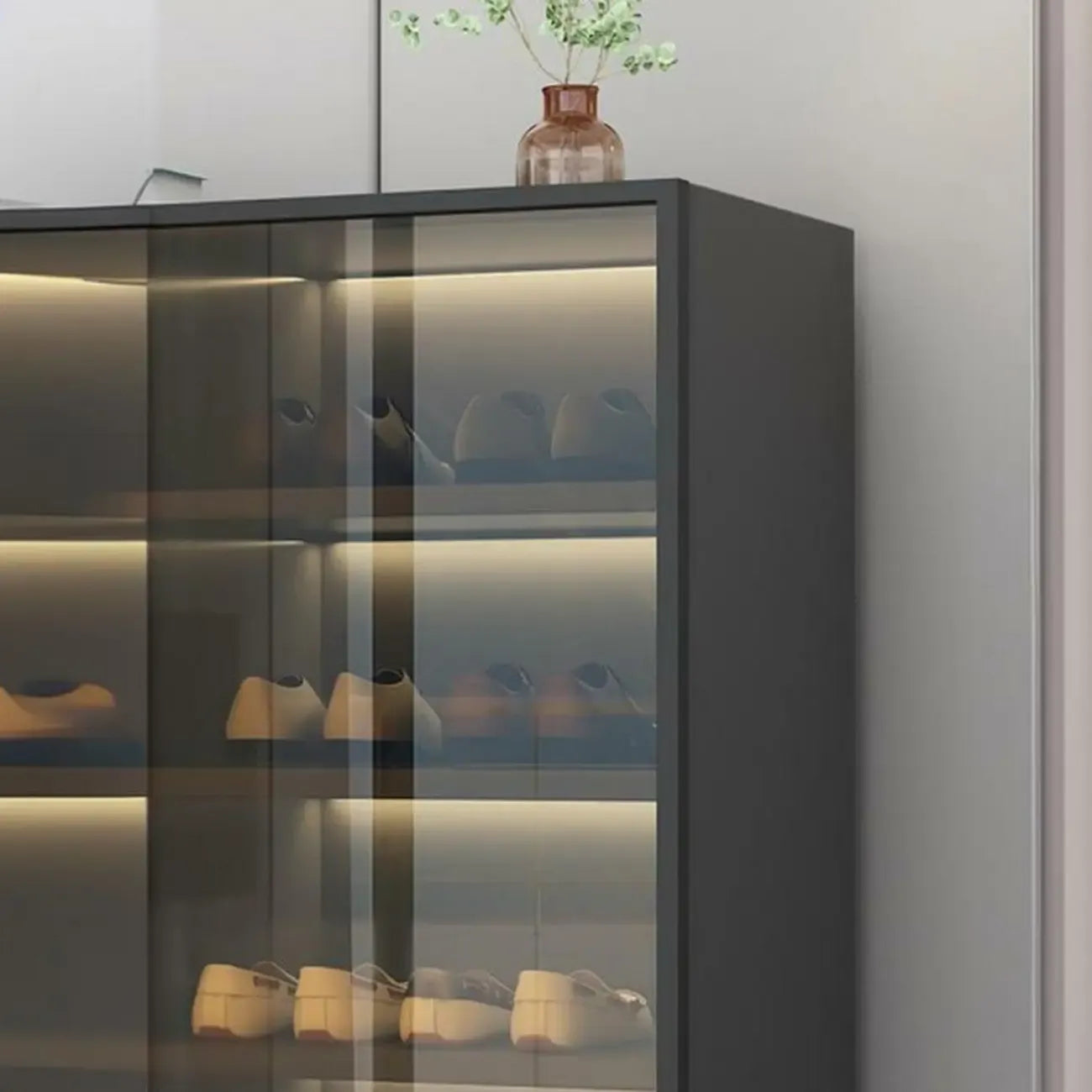 Glam Grey/White Shoe Cabinet with Glass Doors