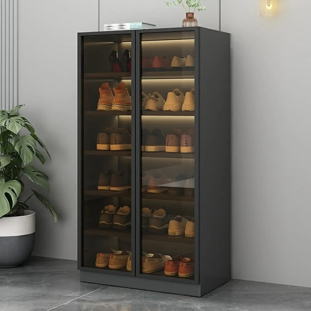 Glam Grey/White Shoe Cabinet with Glass Doors