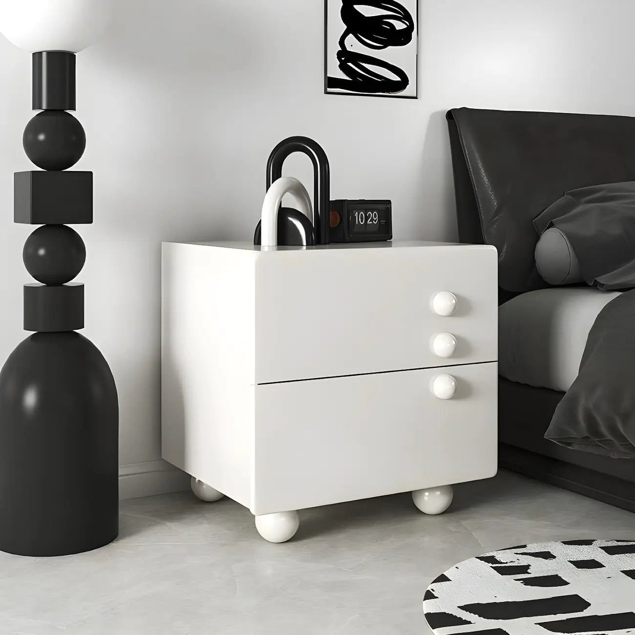 White Wood High-Gloss 2-Drawer Nightstand with Sphere Legs