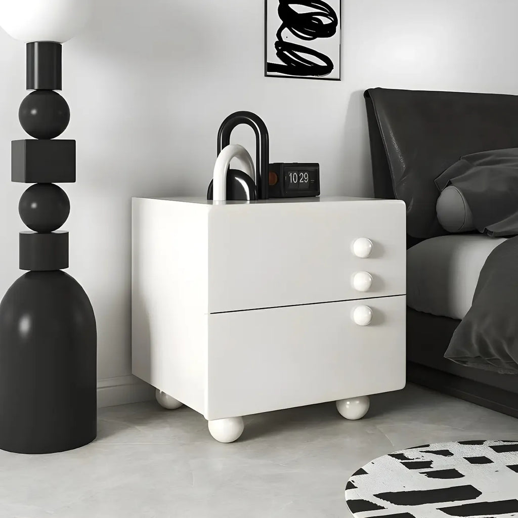 White Wood High-Gloss 2-Drawer Nightstand with Sphere Legs