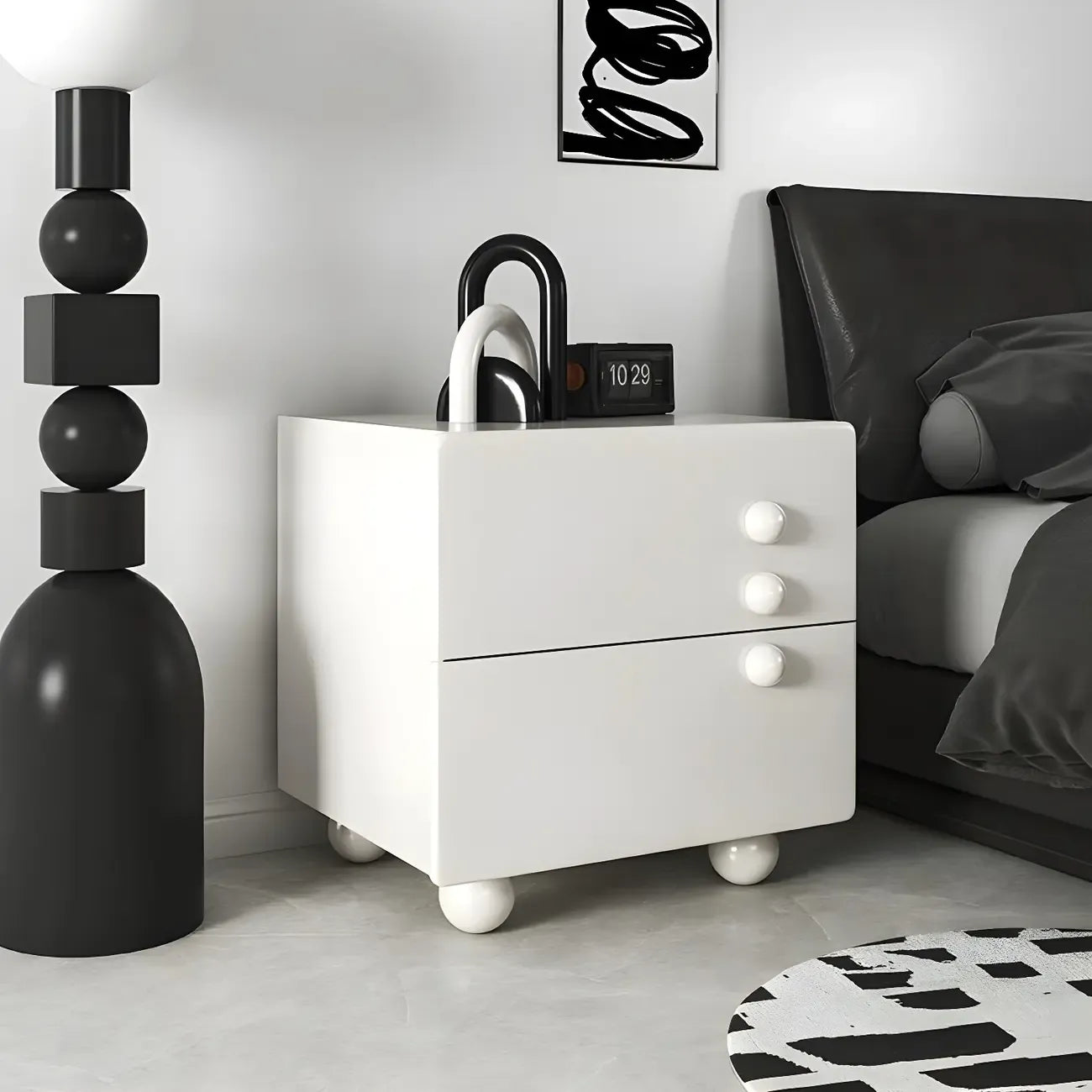 White Wood High-Gloss 2-Drawer Nightstand with Sphere Legs