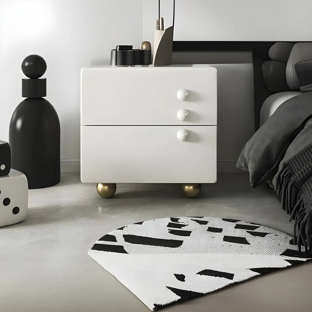 White Wood High-Gloss 2-Drawer Nightstand with Sphere Legs