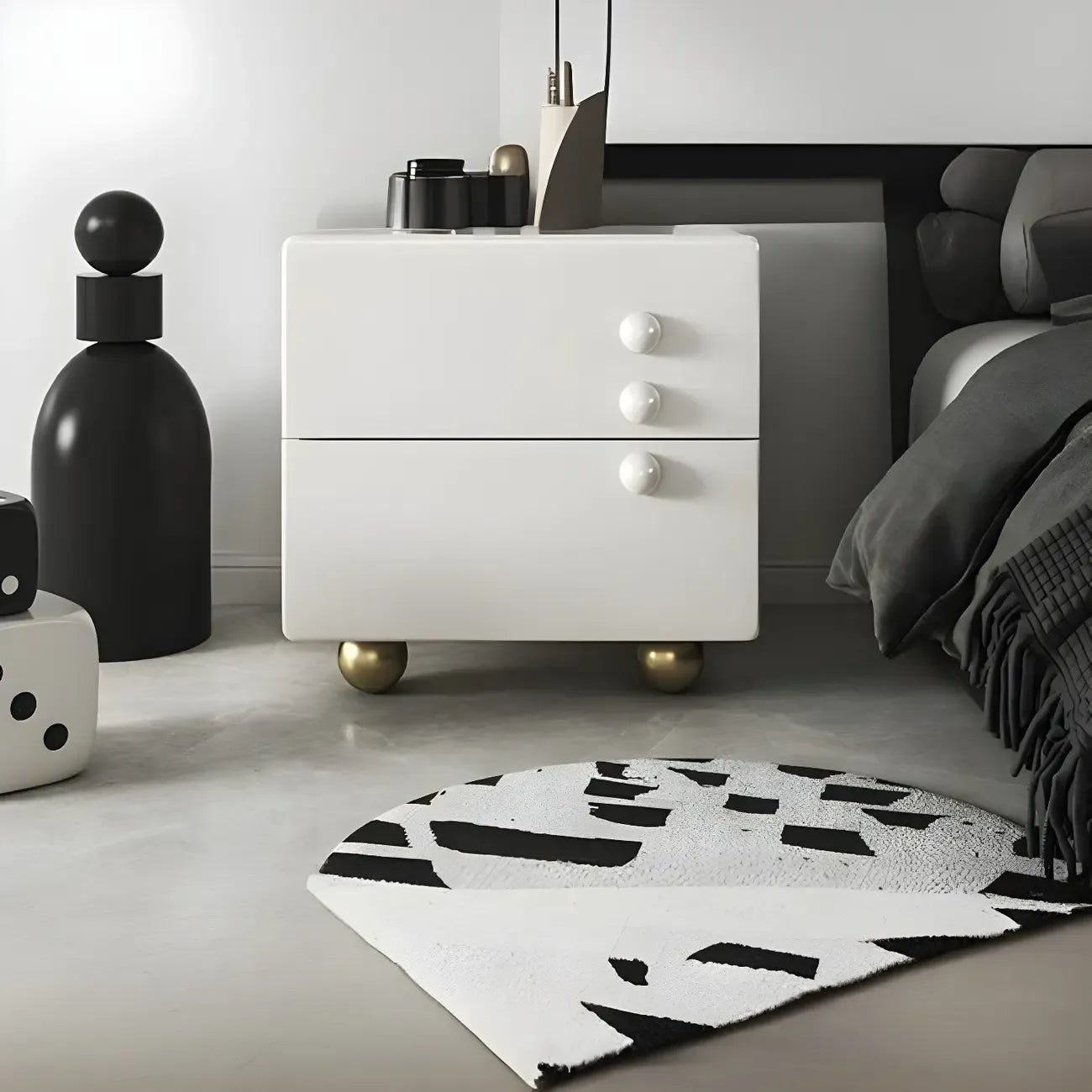 White Wood High-Gloss 2-Drawer Nightstand with Sphere Legs