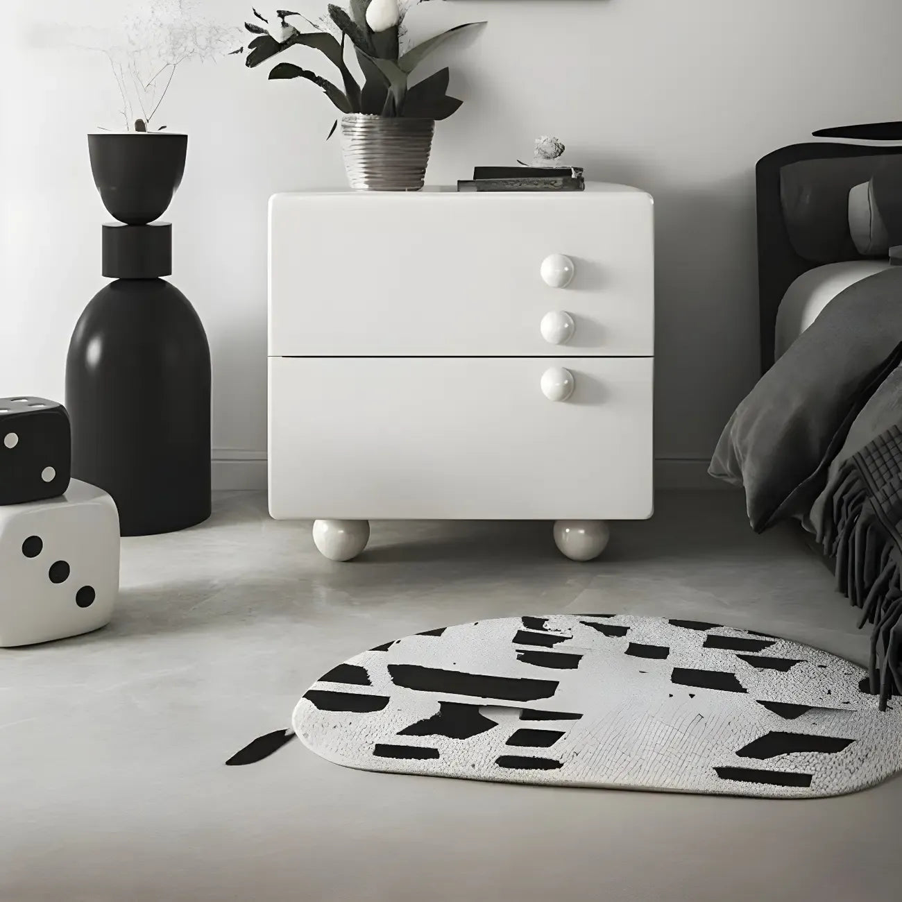 White Wood High-Gloss 2-Drawer Nightstand with Sphere Legs